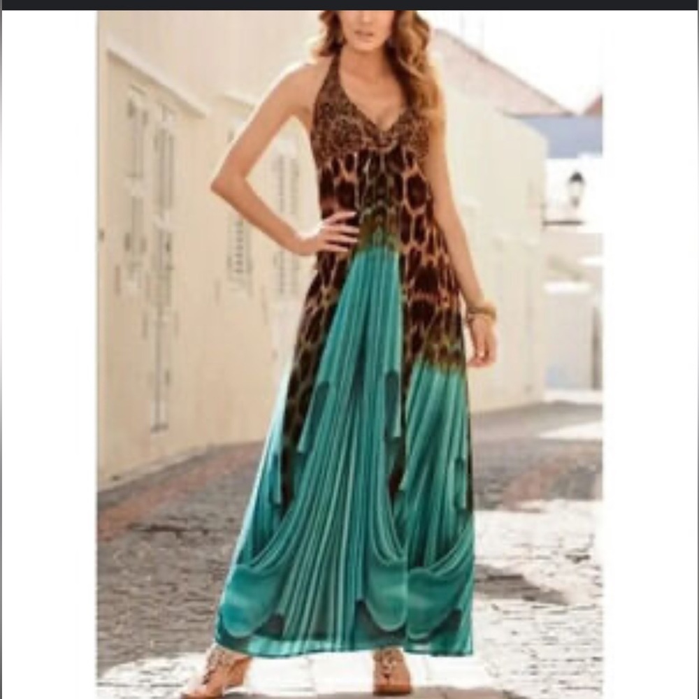 Stunning NWT Leopard Sequin Halter Maxi Dress M with Teal Ombre Boston Proper